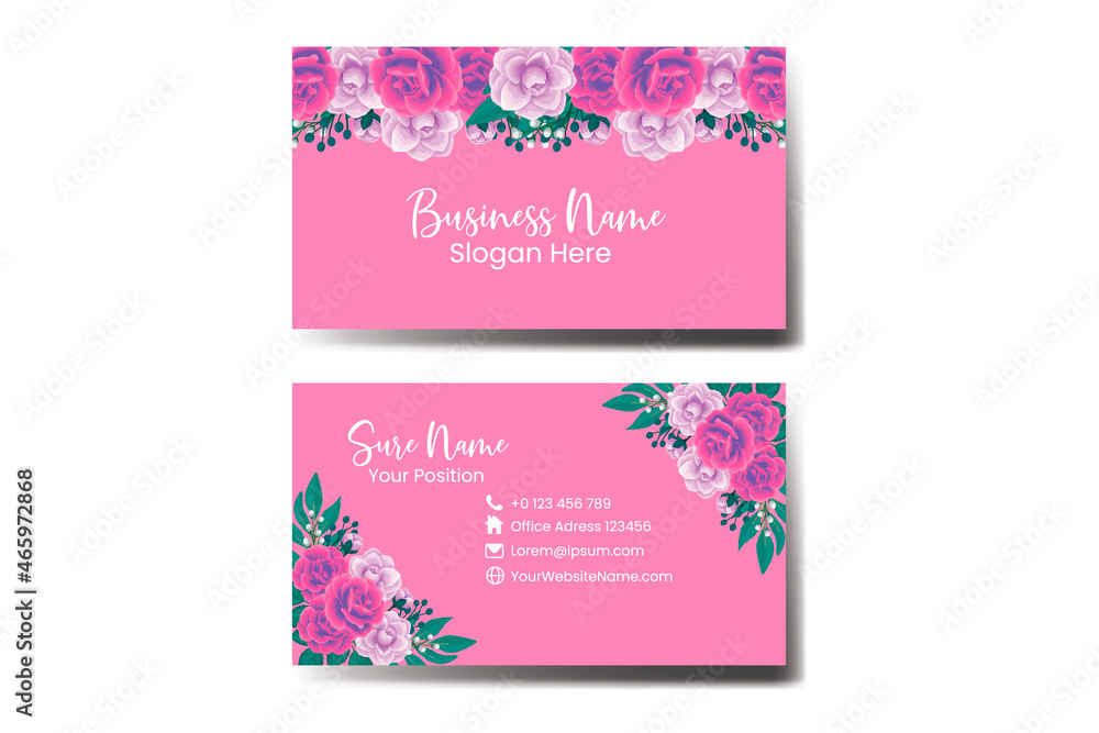 Business Card Template Rose with Anemone Flower .Double-sided Name Card Pink Colors. Flat Design Vector Illustration. Stationery Design