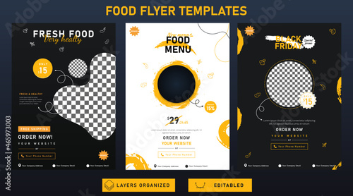 Set of food social media templates. with editable element and black, white, yellow color. And vegetables icon photo
