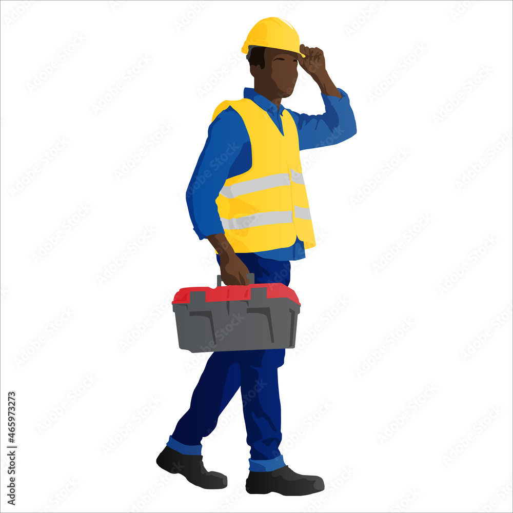 Walking African-American construction worker with a toolbox. Vector flat style illustration isolated on white Walking African-American construction worker with a toolbox. Vector flat style illustration isolated on white