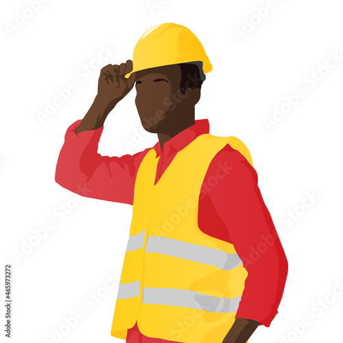 African-American construction worker wearing a yellow helmet. Vector flat style illustration isolated on white