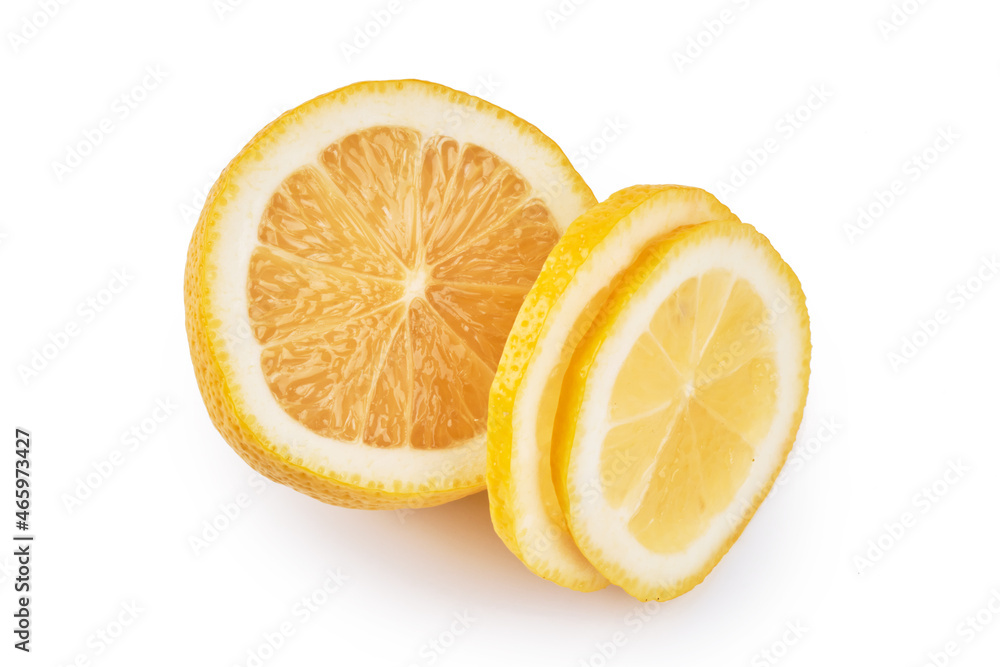 Sliced half lemon citrus fruit, yellow juicy lemon circles isolated on white background, clipping path Sliced half lemon citrus fruit, yellow juicy lemon circles isolated on white background, clipping path