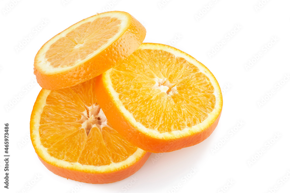 Sliced circles of orange citrus fruit isolated on white background, clipping path Sliced circles of orange citrus fruit isolated on white background, clipping path