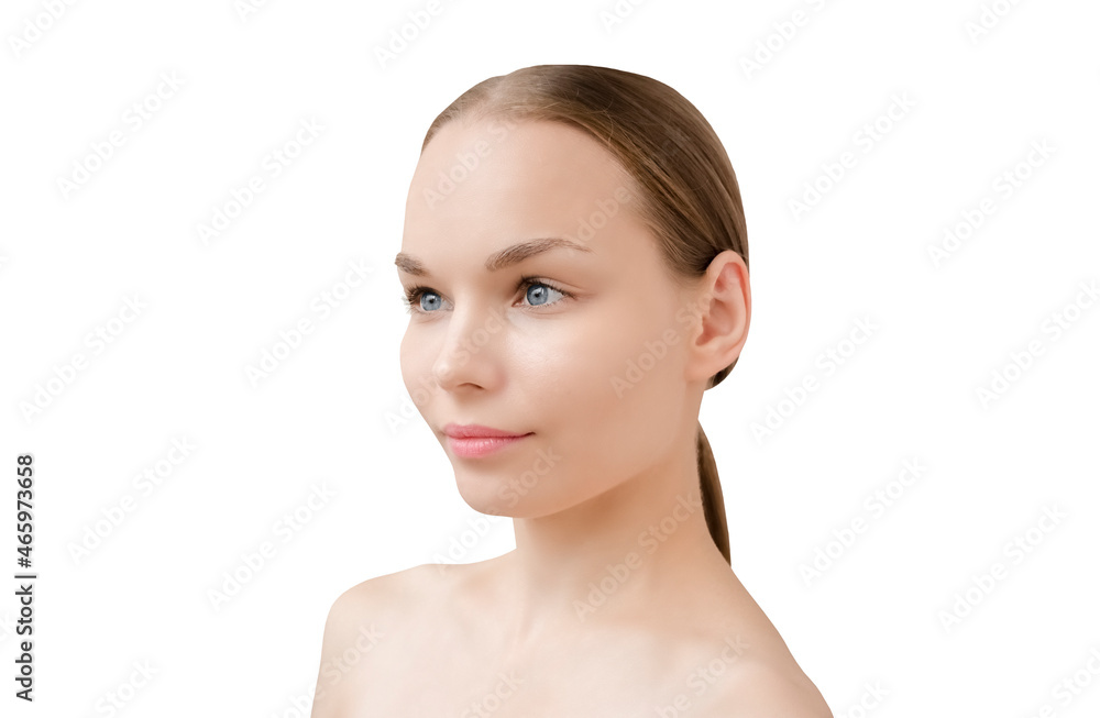 Portrait of a beautiful woman with her hair pulled back in a ponytail. Beauty skin care concept. Beauty model isolated on white background. Portrait of a beautiful woman with her hair pulled back in a ponytail. Beauty skin care concept. Beauty model isolated on white background.