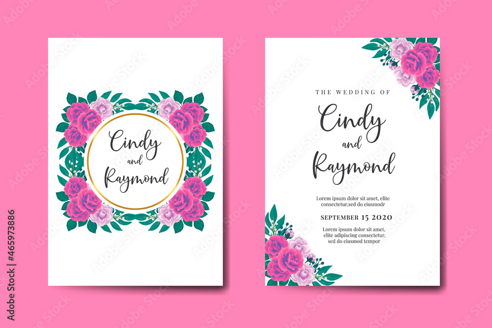 Naklejka premium Modern Wedding invitation frame set, Beautiful Rose Flower design Invitation Card Template