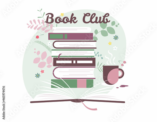 Open book and stack of books. Reading, education and knowledge. Literature, encyclopedia, library. Template for book club or bookshop advertising. Flat design vector illustration. Design elements