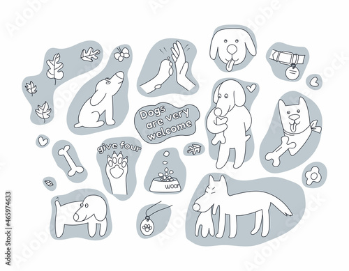 Set of cute dogs, paw, human hand and pet accessories: bone, collar, food, pendant.Text saying Dogs are very welcome and Give four. Design elements for dogs care. Flat hand drawn vector illustration