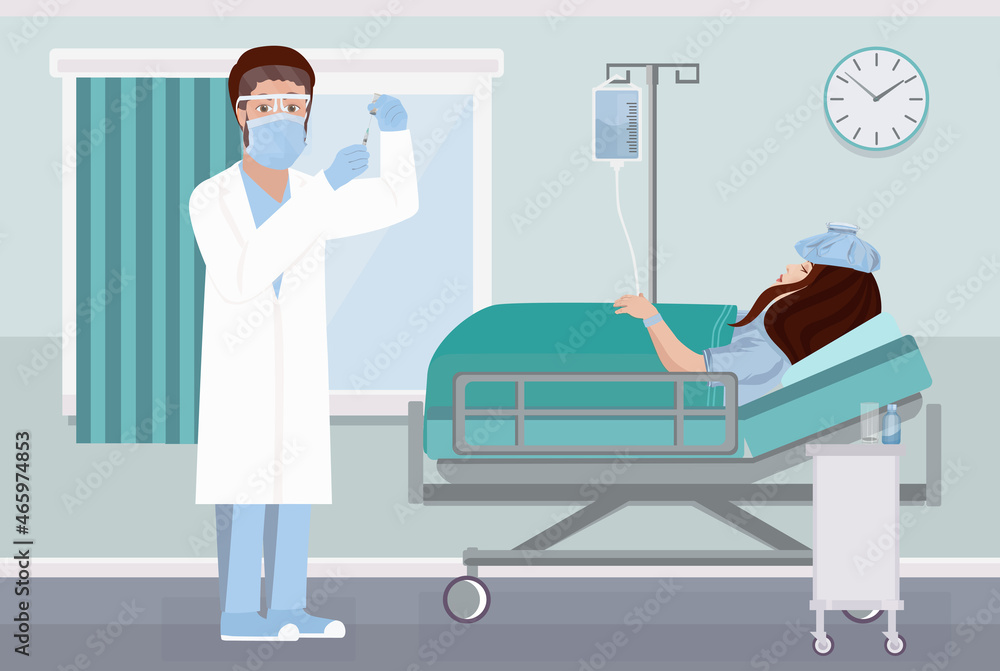 Physician examining female patient in hospital room.Hospitalized women lying in bed. Vector illustration. Physician examining female patient in hospital room.Hospitalized women lying in bed. Vector illustration.
