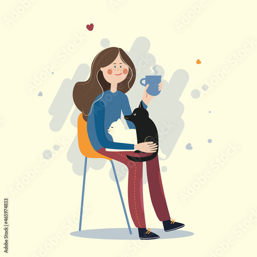 Cat and dog lover female character sitting on the chair with pets on her knees. Cat is napping, dog and girl looking at each other. Pets adoptation. Hand drawn vector flat illustration photo