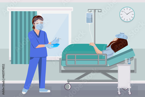 Physician examining female patient in hospital room.Hospitalized women lying in bed. Vector illustration. 