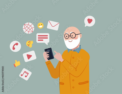 Senior man using smartphone for social connection and entertainment. Watching videos, sending emails and messages, calling. Social active lifestyle for elder people concept. Flat vector illustration