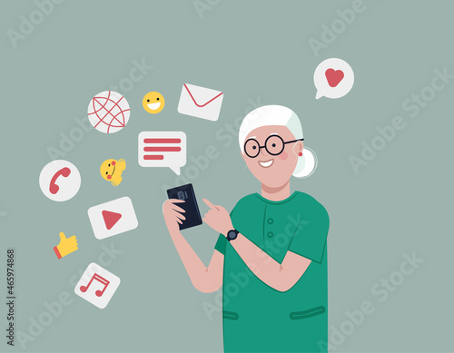 Senior woman using smartphone for social connection and entertainment. Watching videos, sending emails and messages, calling. Social active lifestyle for elder people concept. Flat vector illustration