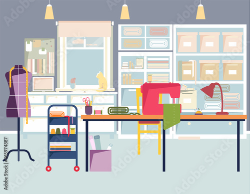 Tailor shop interior: sewing machine, mannequin, furniture; sewing tools, thread, needles, cloth, fabric, etc. Sewing workshop, atelier, sewing coworking. Handmade concept. Flat vector illustration