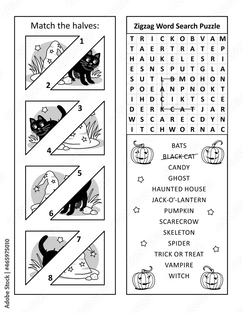 Halloween puzzle page with 2 puzzles matchthehalves (witch’s hat and