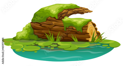 Wooden log in moss in marsh. Cartoon tree in swamp jungle. Broken oak, salvinia, water lily. Isolated vector element on white background.