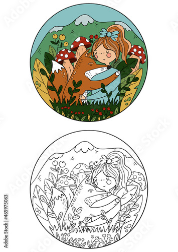 Coloring page for kids and adults. Fairy tale coloring page with animal and girl.