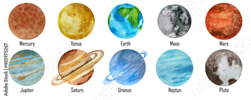 Fototapeta Naklejka Na Ścianę i Meble -  Watercolor planets set. Sun, Mercury, Venus, Earth, Mars, Jupiter, Saturn, Uranus, Neptune