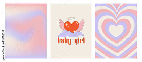 Set of posters on the theme of the 00s. Geometric abstract poster, gradient background and stylish print with a heart with wings in the clouds - baby girl. Glamorous vector illustration Y2k.