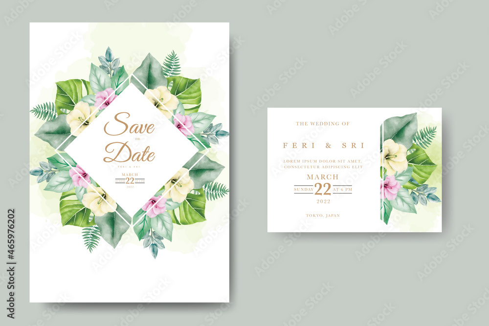beautiful flowers and leaves watercolor wedding invitation card set