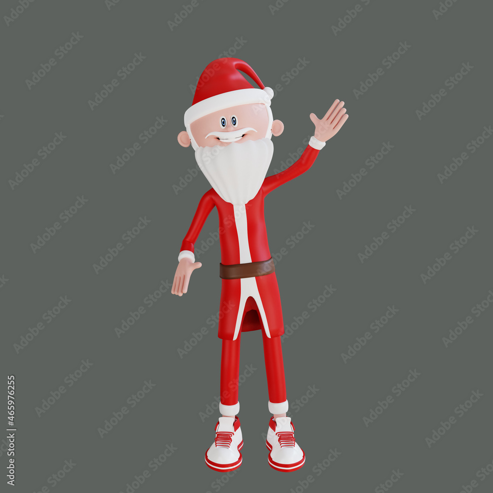 3d rendering santa claus character waving pose with grey background