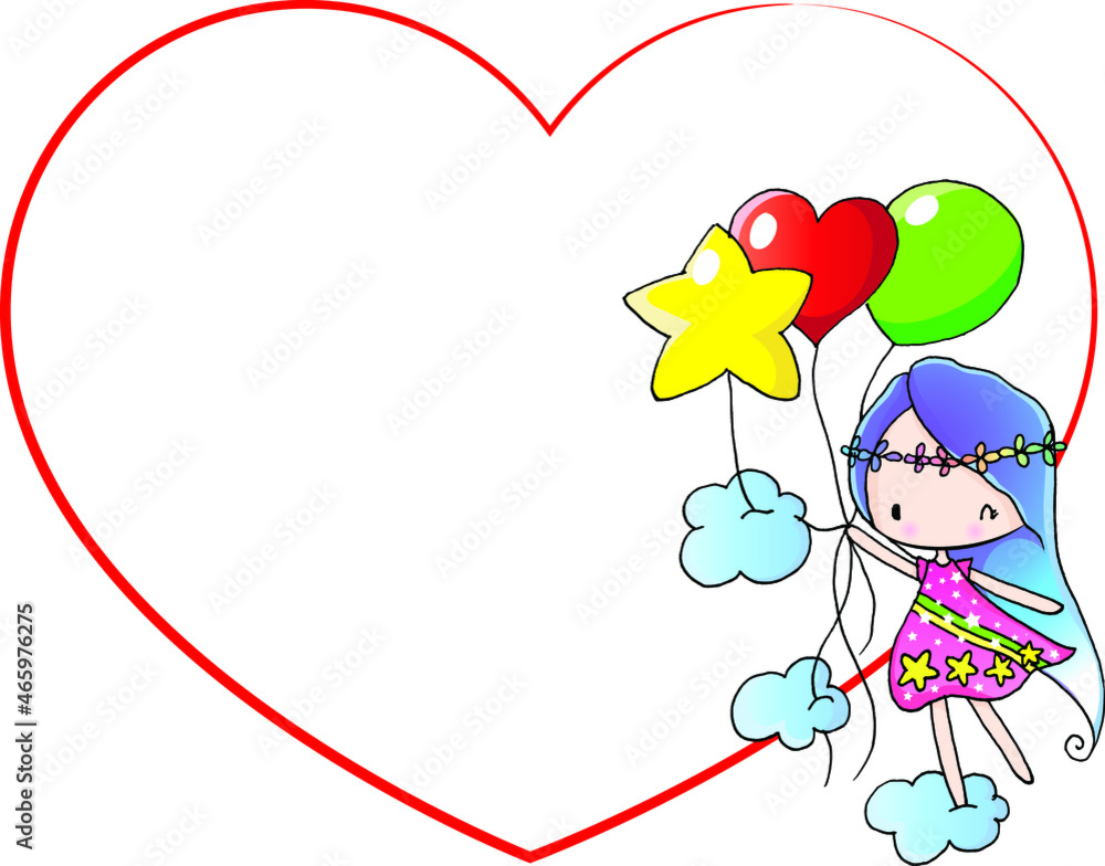 vector cartoon girl with heart shape border vector cartoon girl with heart shape border