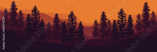 sunset mountain forest vector illustration for web banner, blog banner, wallpaper, background template, adventure design, tourism poster design, backdrop design