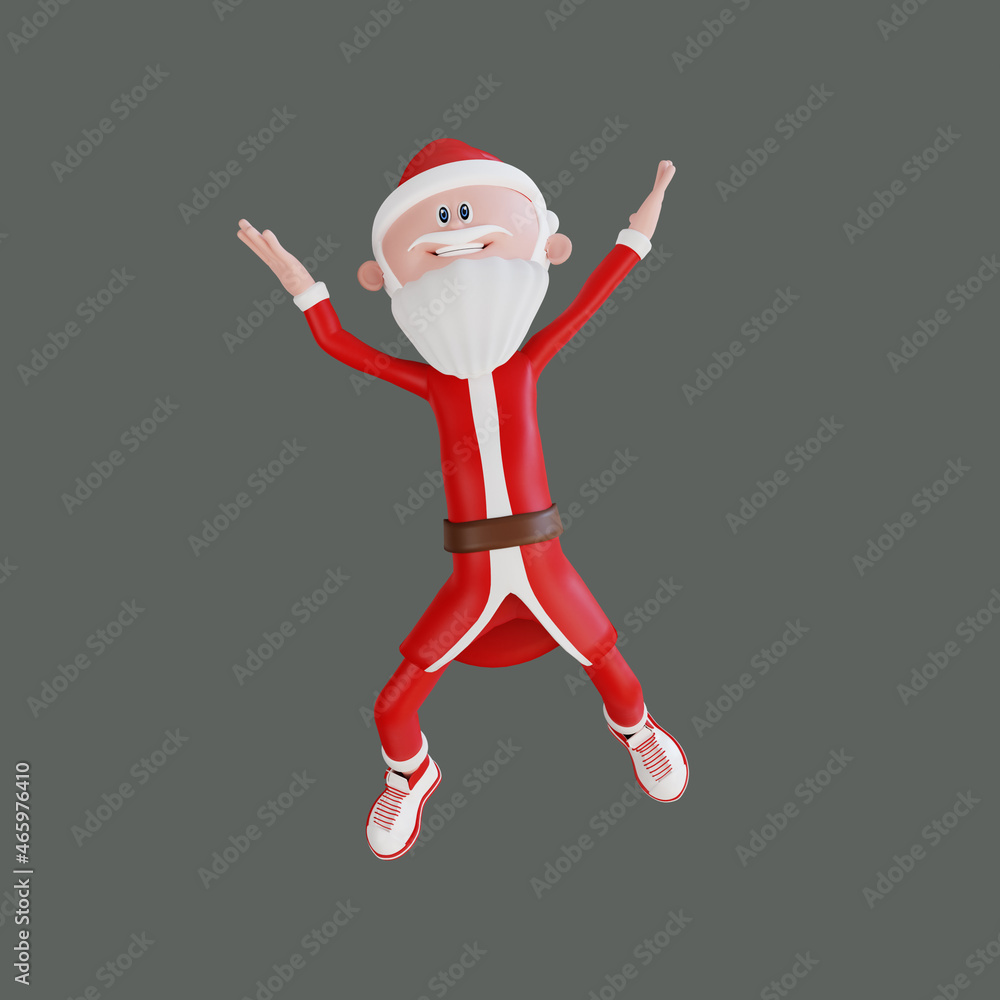 3d santa claus character jump and happy pose with grey background 3d santa claus character jump and happy pose with grey background