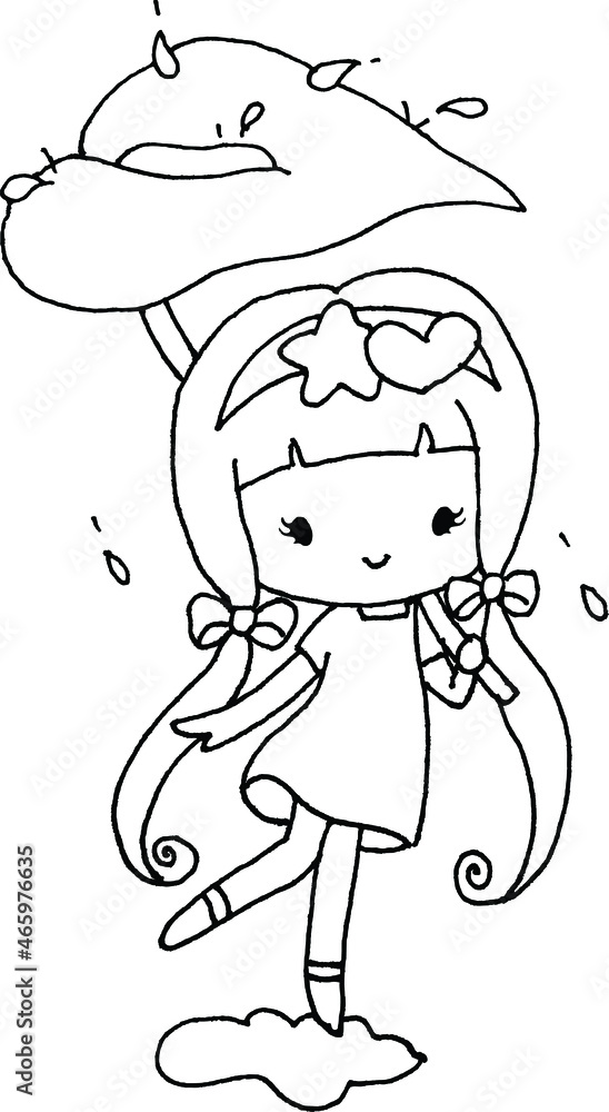 Obraz premium vector cartoon long hair girl with leaf in the rain 