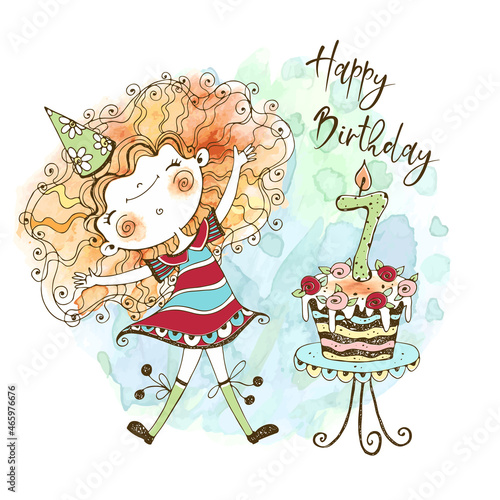 A greeting card with a cute red-haired girl and a big cake for her seventh birthday, made in watercolor technique and in the style of doodles. Vector photo