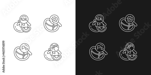 Food contaminant testing linear icons set for dark and light mode. Heavy metals and pesticide residue detection. Customizable thin line symbols. Isolated vector outline illustrations. Editable stroke