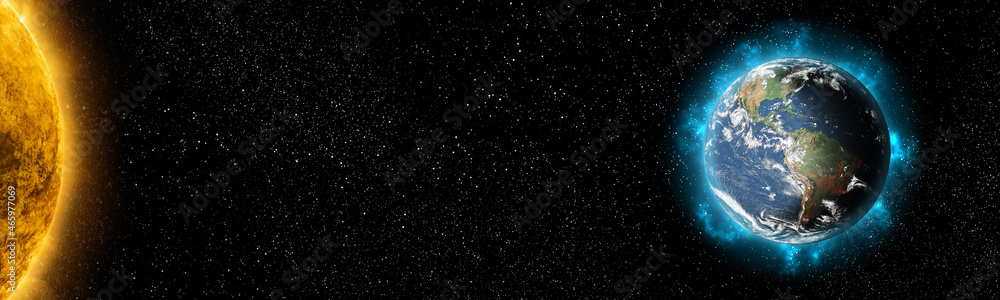 Sun star and planet earth in space front view. Cosmic background.Solar system.Elements of this image furnished by NASA Sun star and planet earth in space front view. Cosmic background.Solar system.Elements of this image furnished by NASA