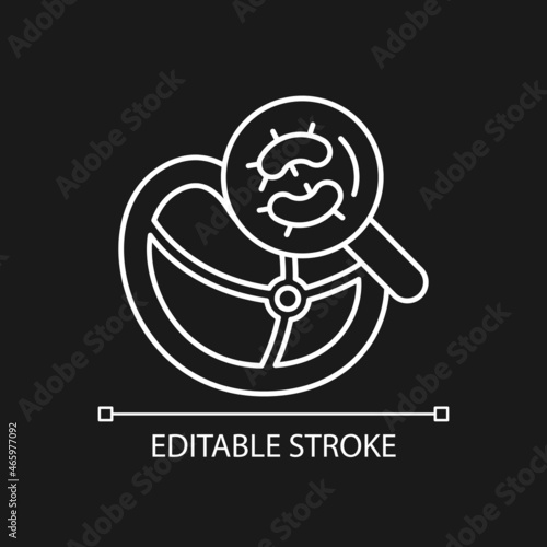 Pathogen testing white linear icon for dark theme. Food contaminant. Bacteria and virus detection. Thin line customizable illustration. Isolated vector contour symbol for night mode. Editable stroke