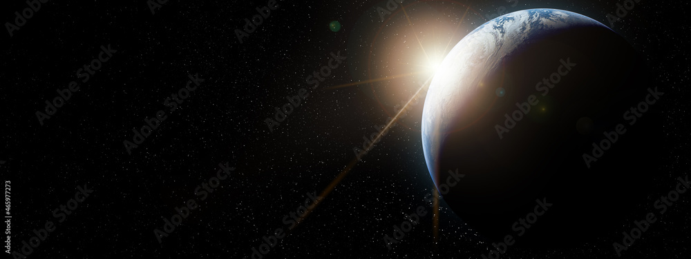 Obraz premium Sunrise behind the planet earth. View from space.Space, Sun and planet Earth. Western hemisphere.spectacular sunset This image elements furnished by NASA.