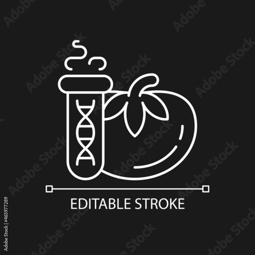 GMO testing white linear icon for dark theme. Genetic modification detection. Product gene analysis. Thin line customizable illustration. Isolated vector contour symbol for night mode. Editable stroke