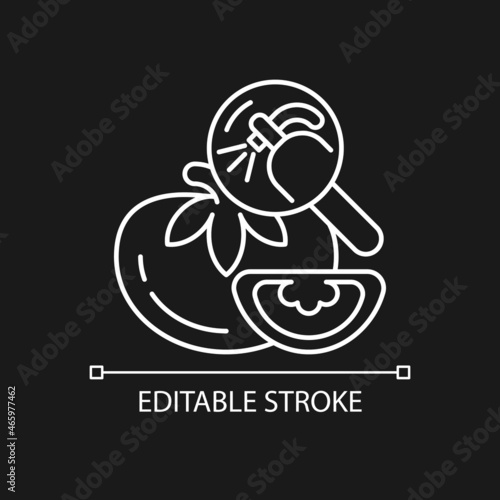 Pesticide residue testing white linear icon for dark theme. Food product pesticide hazard. Thin line customizable illustration. Isolated vector contour symbol for night mode. Editable stroke