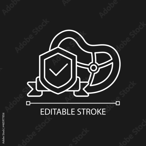 Food safety white linear icon for dark theme. Food hygiene. Prevent foodborne illness. Safe product. Thin line customizable illustration. Isolated vector contour symbol for night mode. Editable stroke