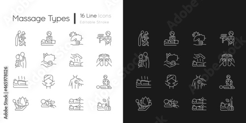 Massage types linear icons set for dark and light mode. Physical health improvement. Apply pressure to muscles. Customizable thin line symbols. Isolated vector outline illustrations. Editable stroke
