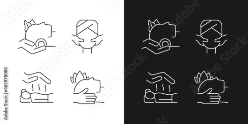 Facial and body treatments linear icons set for dark and light mode. Craniosacral therapy. PTSD treatment. Customizable thin line symbols. Isolated vector outline illustrations. Editable stroke