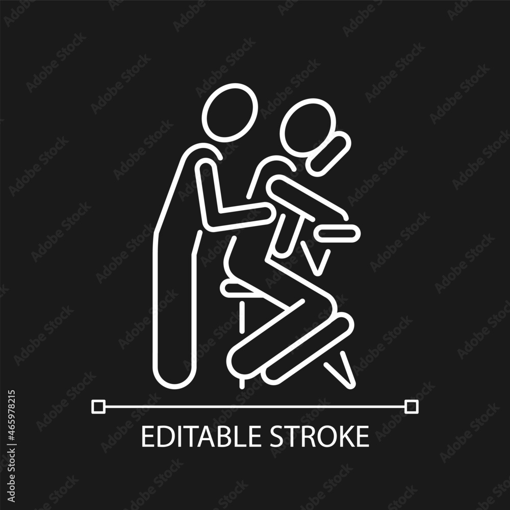 Chair massage white linear icon for dark theme. Performing treatment in seated position. Thin line customizable illustration. Isolated vector contour symbol for night mode. Editable stroke Chair massage white linear icon for dark theme. Performing treatment in seated position. Thin line customizable illustration. Isolated vector contour symbol for night mode. Editable stroke