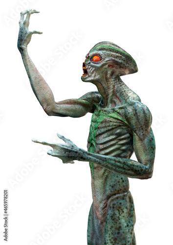 3D Rendering Green Alien on White