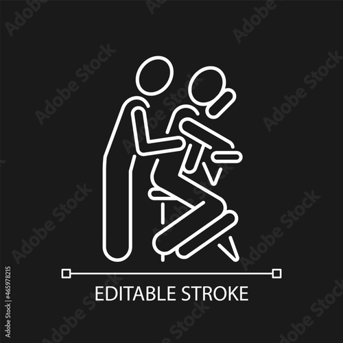 Chair massage white linear icon for dark theme. Performing treatment in seated position. Thin line customizable illustration. Isolated vector contour symbol for night mode. Editable stroke