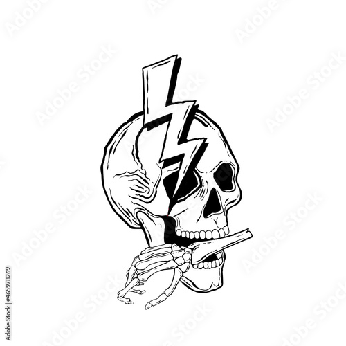 skull biting hand illustration vector hand drawing