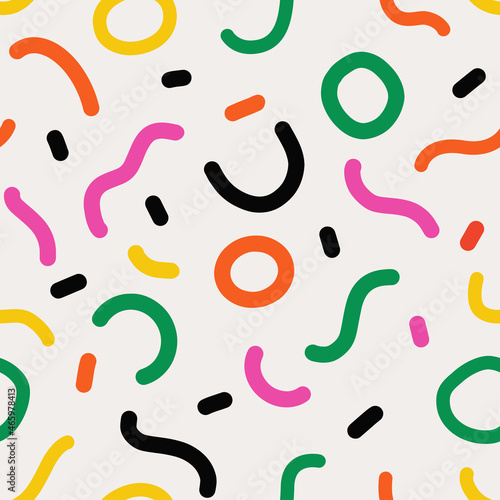 Naive seamless pattern with abstract figures and shapes in vibrant rainbow colours. Bright minimalistic Contemporary graphic bauhaus design. Abstract modern trendy background.