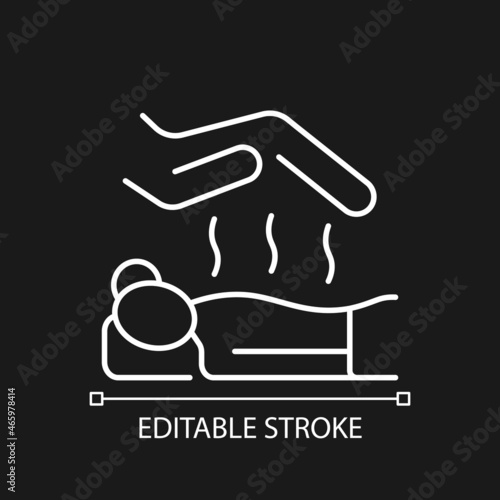 Reiki massage white linear icon for dark theme. Alternative medicine. Japanese technique. Thin line customizable illustration. Isolated vector contour symbol for night mode. Editable stroke
