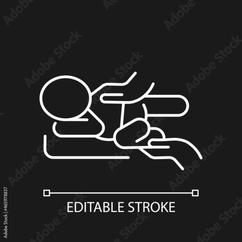 Infant massage white linear icon for dark theme. Practicing tummy time. Massaging baby back. Thin line customizable illustration. Isolated vector contour symbol for night mode. Editable stroke