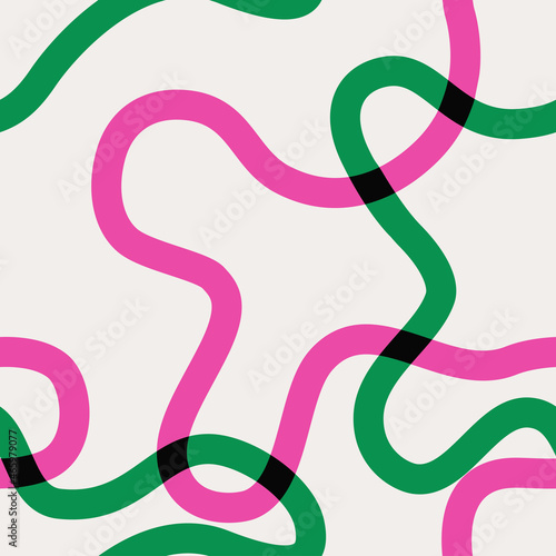 Naive seamless vibrant pattern with bright green and pink wavy lines on a light background. Minimalistic Contemporary graphic bauhaus design in vibrant colours. Scandinavian nursery print