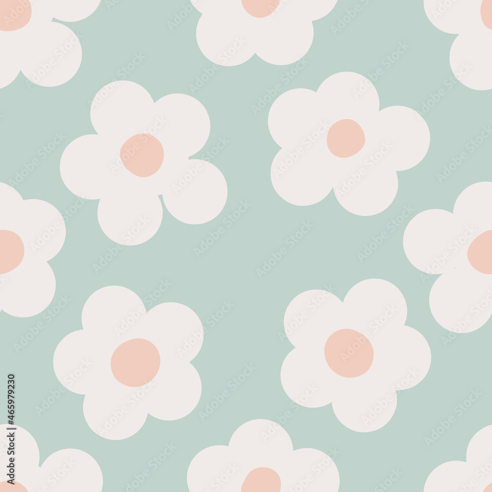 Naive seamless floral boho pattern with white daisies on a light green background in doodle style. Сute contemporary minimalistic trendy boho background design for kids. Scandinavian nursery print Naive seamless floral boho pattern with white daisies on a light green background in doodle style. Сute contemporary minimalistic trendy boho background design for kids. Scandinavian nursery print