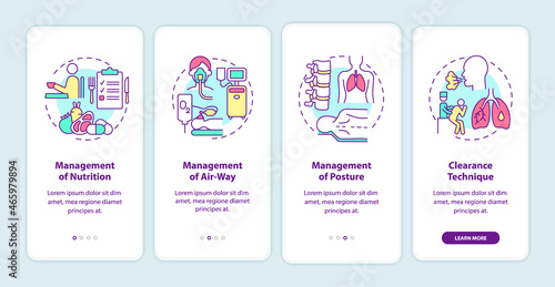 Pulmonary rehabilitation onboarding mobile app page screen. Recovery management walkthrough 4 steps graphic instructions with concepts. UI, UX, GUI vector template with linear color illustrations