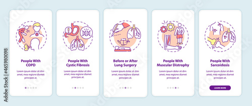 Who needs pulmonary rehabilitation onboarding mobile app page screen. Walkthrough 5 steps graphic instructions with concepts. UI, UX, GUI vector template with linear color illustrations