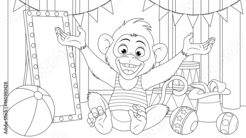 Vector illustration, funny little monkey prepares to perform on the stage of the circus