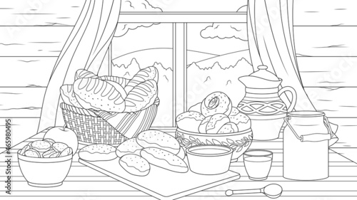 Vector illustration, rustic dining table by the window with homemade cakes
